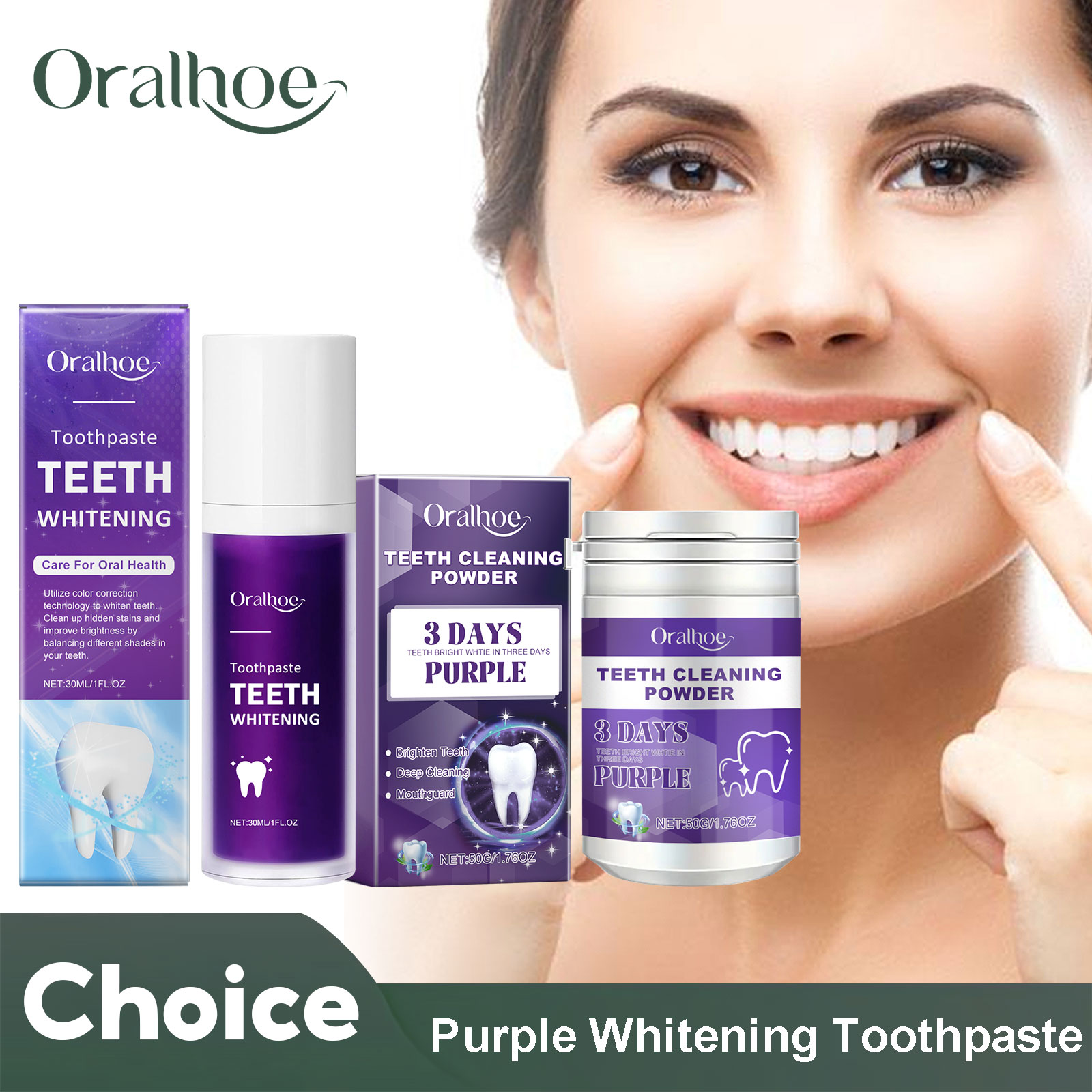 Teeth Whitening Instant - Pasta gigi pemutih korektor ungu, bubuk